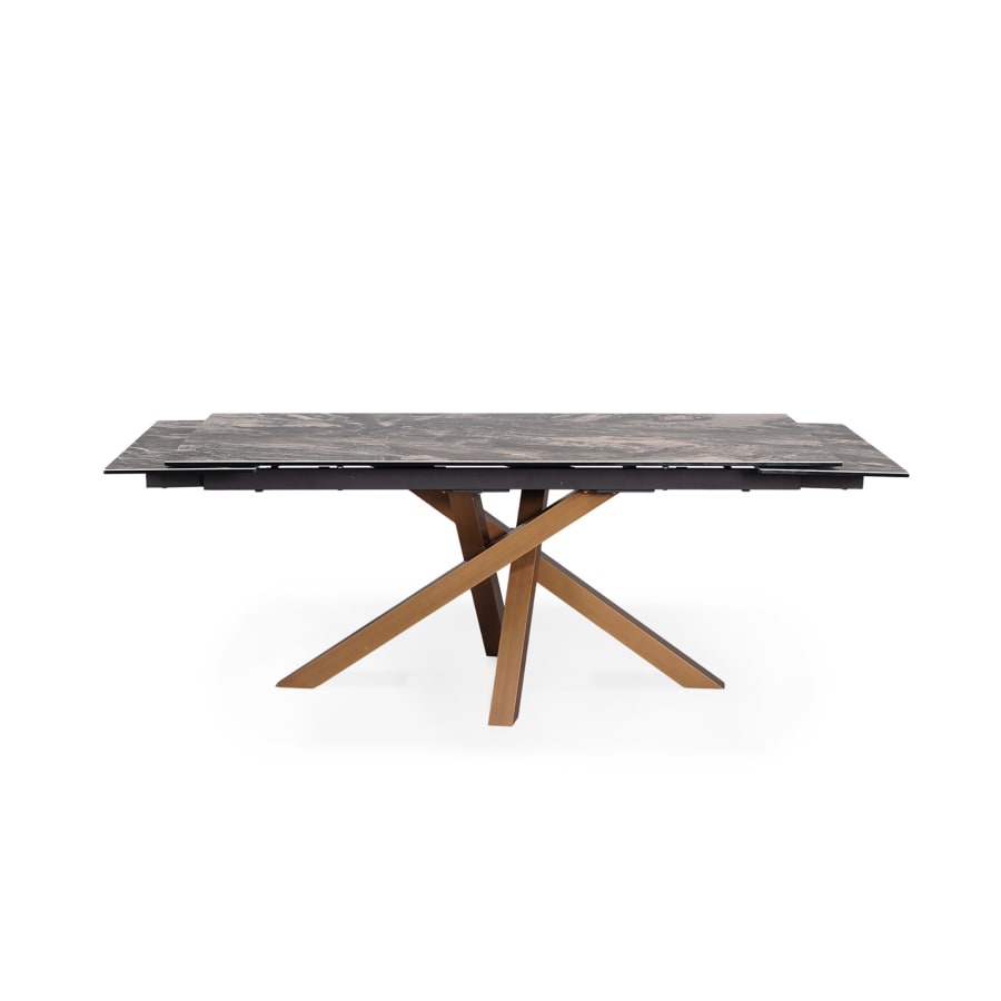 Table &agrave; manger rectangulaire extensible effet marbre gris pieds en m&eacute;tal dor&eacute;